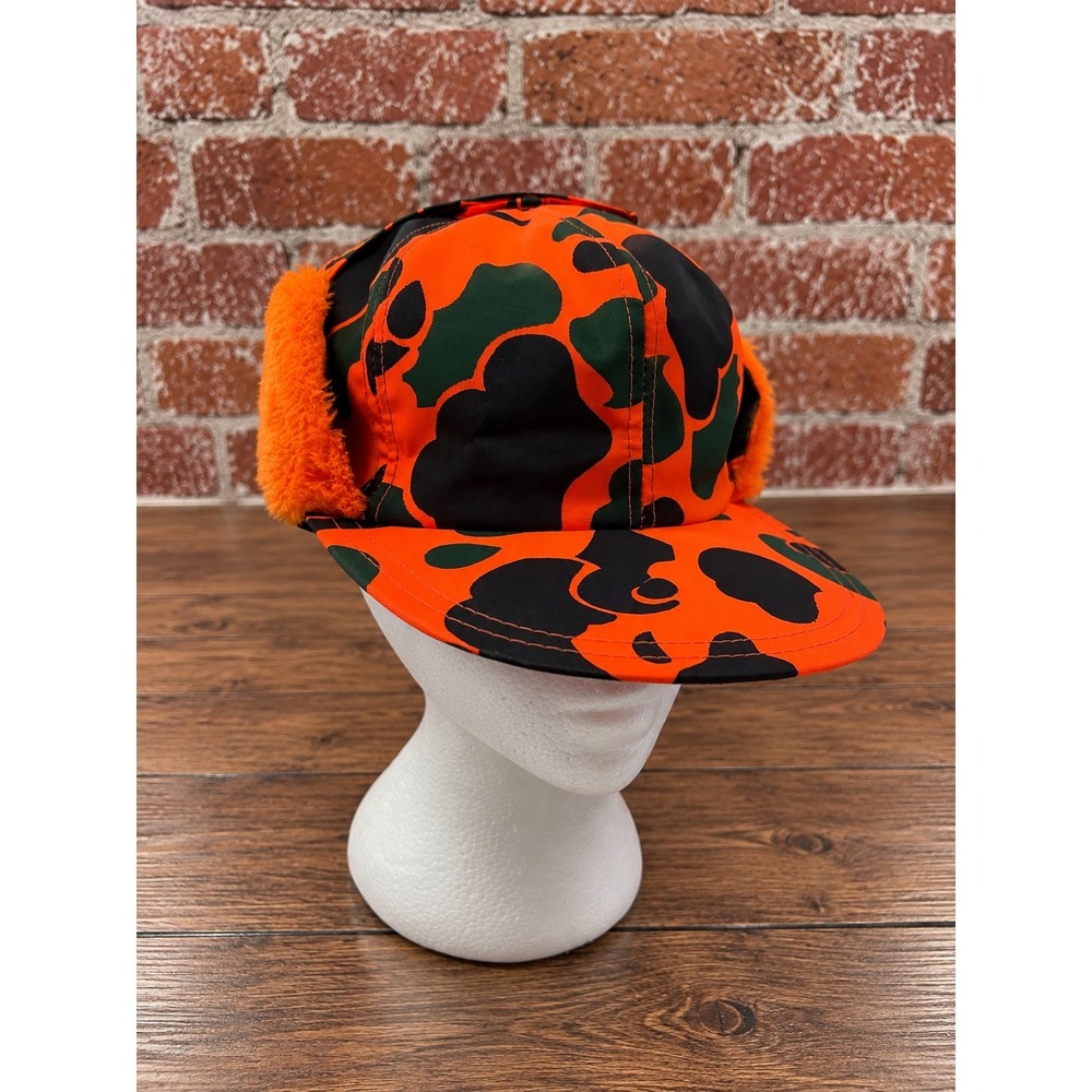 Vintage Thinsulate Blaze Orange Camo Trapper Hat Ear Flaps Made in USA Hunting